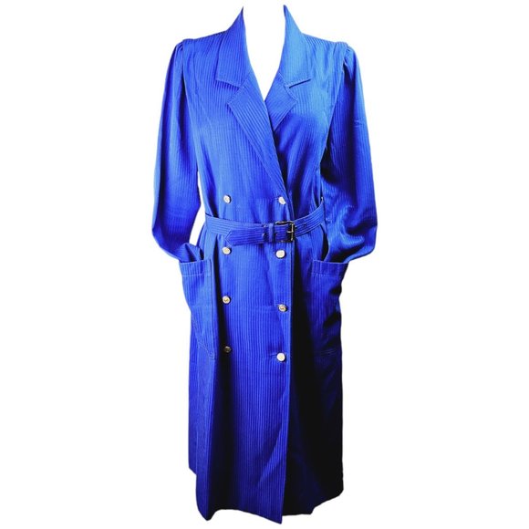 Vintage Leslie Fay Bright Blue Double Breasted Pin Stripe Big Pocket Dress, 12 - Picture 1 of 13